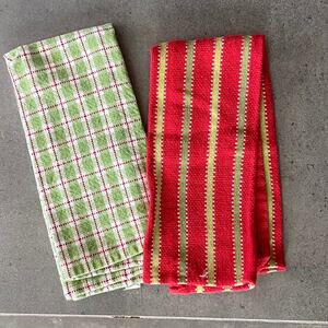Pair of Brand New Woven Cotton Hand Towel‎ Set in Green & Red